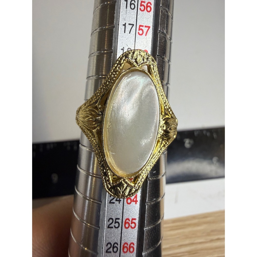 Gold Tone Mother of Pearl Oval Filigree Statement Ring Size 9.5